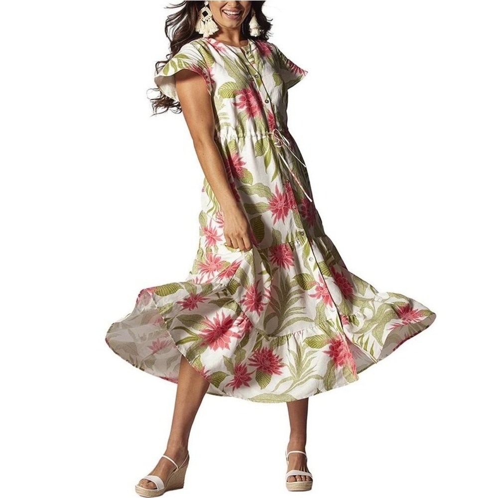 Tori Richard Floral Linen Blend Maxi Dress Pink Green Button Front Tiered Large